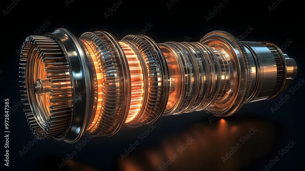 18. **Detailed 3D depiction of a turbojet engine with complex ...