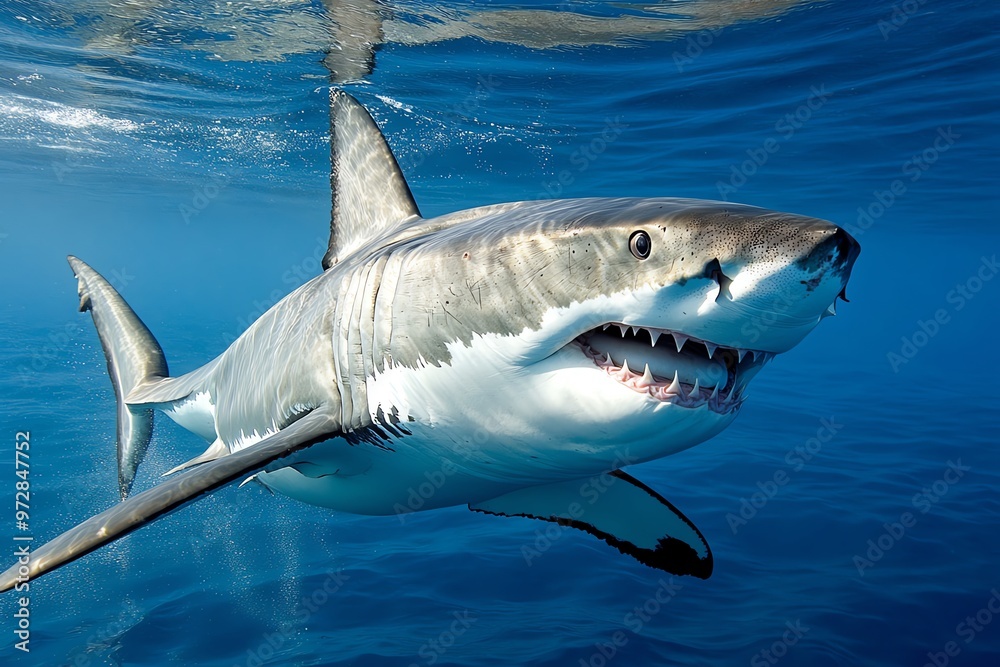 Fototapeta premium A great white shark cutting through the deep ocean, its dorsal fin visible above the surface as it patrols its territory