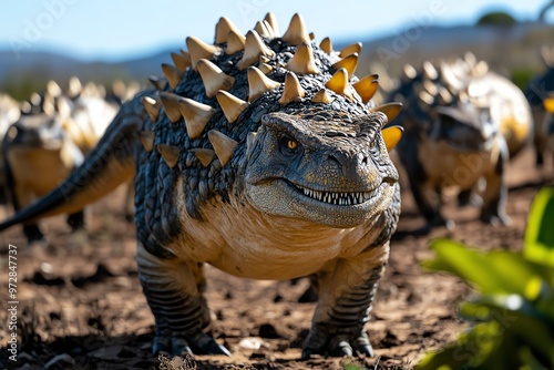 A group of Ankylosaurs defending themselves, swinging their powerful club tails at a threatening predator photo
