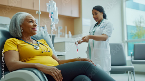 A senior woman receiving chemotherapy in an oncology clinic, with a nurse monitoring her IV drip