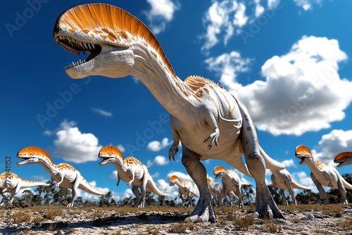 A group of Corythosaurus communicating, using their hollow crests to create deep, resonant sounds that carry across the plains photo