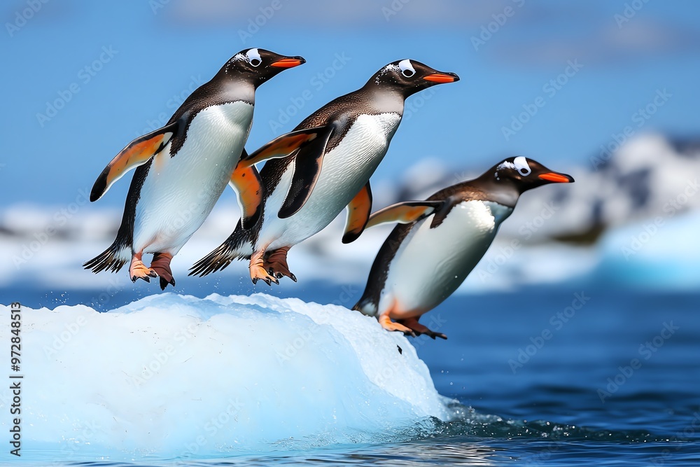 Fototapeta premium A group of penguins leaping from an iceberg, diving into the freezing waters below in search of fish