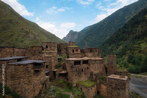 Stunning scenery of a mountain village built of stone. Shatili, Khevsureti, Georgia photo