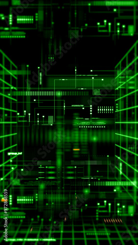 4K futuristic background with digital data code and HUD elements, ideal for text titles, mobile screens, and vertical displays.