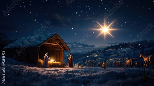 A peaceful nativity scene under a bright star in the sky. photo