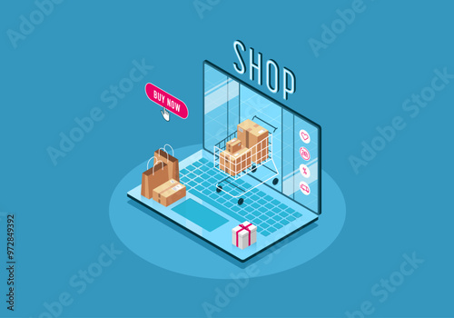 Concept of online shopping, online shop or digital store. Vector illustration of a laptop whose screen looks like the entrance to a shop or supermarket.