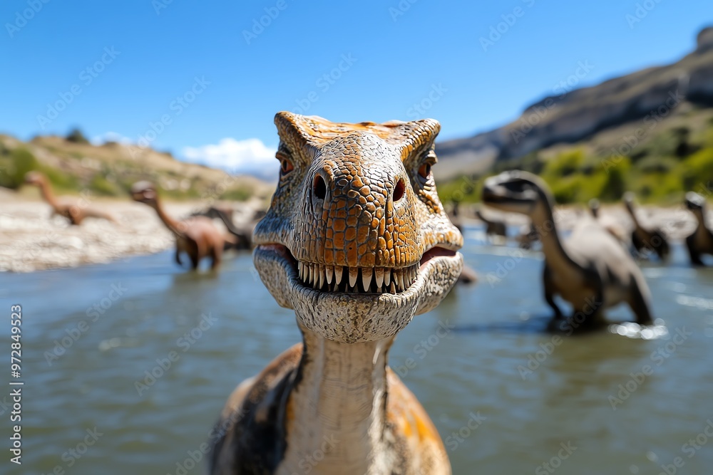 Fototapeta premium A herd of Parasaurolophus trumpeting to communicate across a wide river valley as they search for food