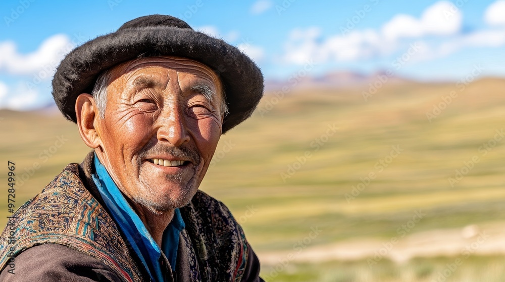 Serene Mongolian Elder in Traditional Deel Smiling Amidst Vast Steppe Beauty Serene Mongolian Elder in Traditional Deel Smiling Amidst Vast Steppe Beauty