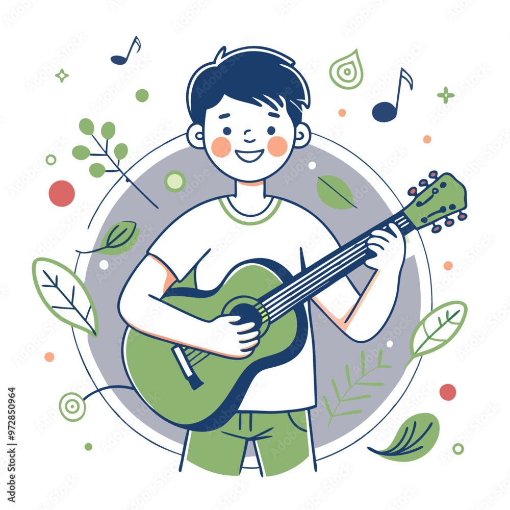 Smiling boy playing guitar with joy in a whimsical nature-themed background, copy space Smiling boy playing guitar with joy in a whimsical nature-themed background, copy space