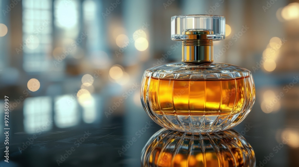 Luxurious glass perfume bottle in the middle of the image, with delicate reflections Luxurious glass perfume bottle in the middle of the image, with delicate reflections