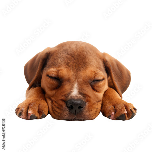 Adorable brown puppy peacefully sleeping on its paws, captured on a white background. Perfect for pet-related content or calming visuals., transparent background