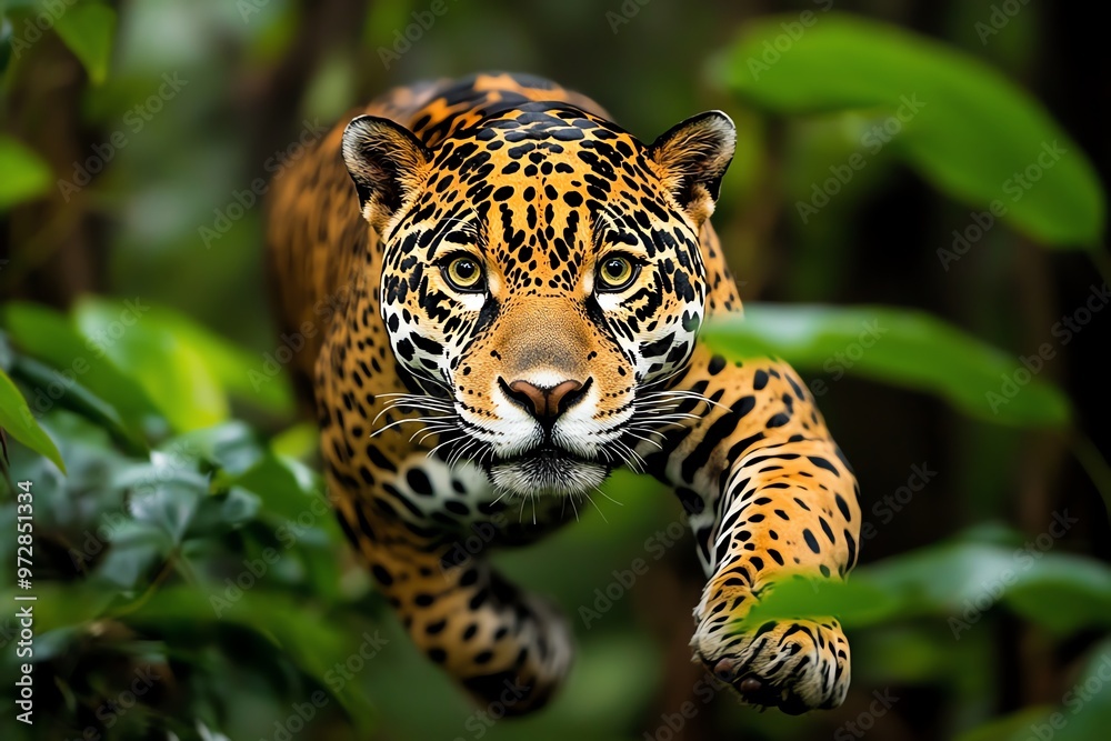 A jaguar prowling through the jungle, its golden eyes glowing in the dim light as it stalks silently through the undergrowth