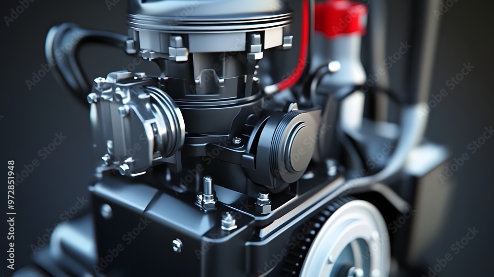 Fototapeta premium 8. **Close-up 3D model of a small gas engine used in lawn mowers with detailed carburetor