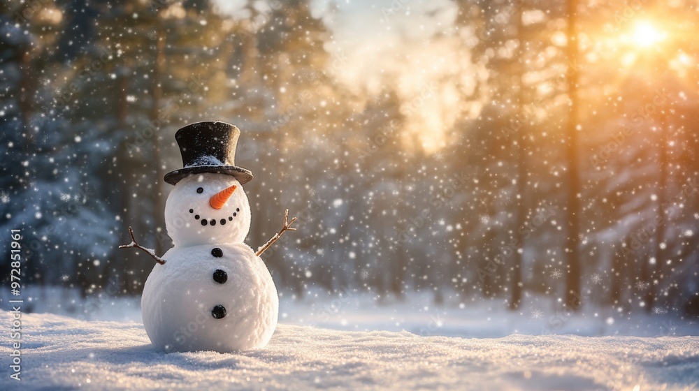 Fototapeta premium Magical winter backdrop featuring a snowman with a top hat, set against a snowy woodland.