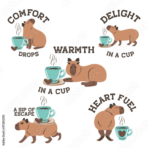 Funny Capybaras with cup of cappuccino coffee with inspirational quotes set. Cute jungle animal and coffee beans illustrations bundle