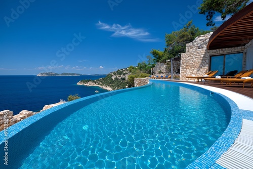 A luxurious resort pool overlooking the Aegean, with infinity edges that blend seamlessly with the blue of the sea and sky