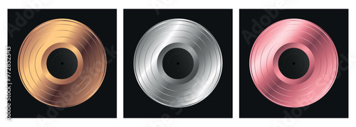 Set of vinyl records in metallic colors. Bronze, silver, pink metallic colored vinyl discs. Vector illustration