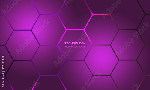 Purple hexagon technology futuristic vector abstract background with pink colored bright flashes under hexagon. Hexagonal gaming honeycomb abstract background.