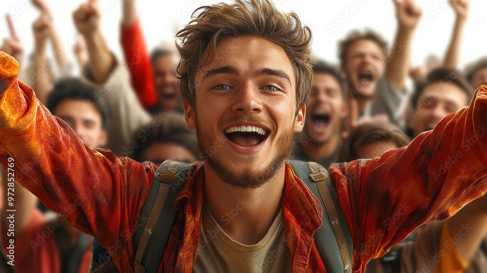 A young man with a beaming smile surrounded by cheering fans A young man with a beaming smile surrounded by cheering fans