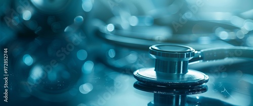 Detailed Close-Up of a Stethoscope on a Reflective Surface in a Medical Setting