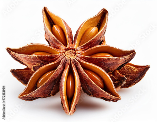 Anise isolated on white background. Illicium verum (star anise or badian, Chinese star anise, star anise seed, star aniseed and star of anise). photo