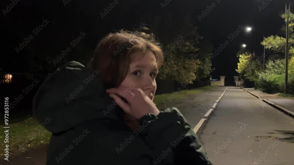 young woman walking alone on dark street at night and afraid. concept danger, turns back