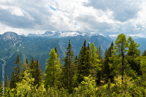 Bergpanorama Dachstein Krippenstein am Hallstätter See, Obertraun im Sommer Salzkammergut