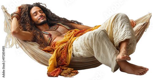 A man with long hair relaxes in a hammock