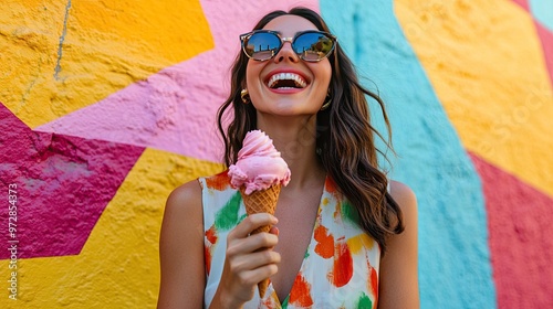 A woman holding a pink ice cream cone in front of a colorful mural, smiling and enjoying the moment.