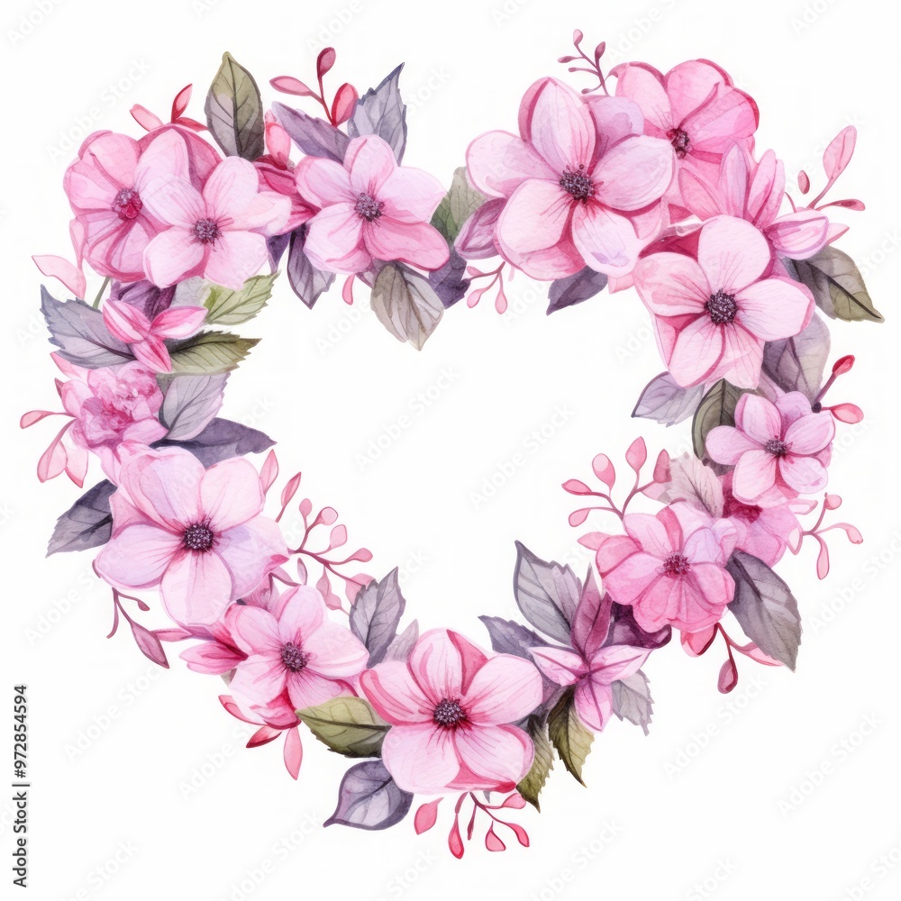 botanical watercolor heart design with pink flowers and leaves, floral background, botanical watercolor heart design with pink flowers and leaves, floral background,