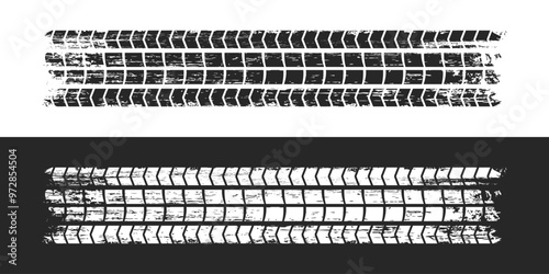 Grunge tire track. Tire tread or wheel braking track. Car and motorcycle tread pattern. Dirty grunge texture of wheel. Vector.