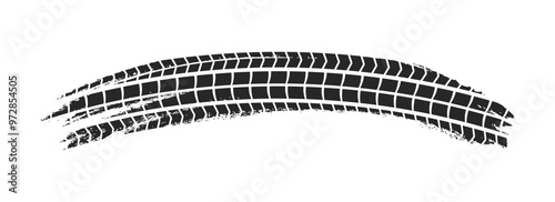 Grunge tire tread. Tire track or wheel braking track. Car and motorcycle tread pattern. Dirty grunge textures of wheels. Vector.