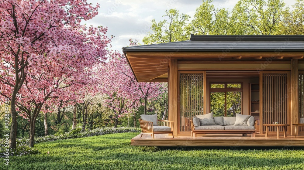 3D render of wooden terrace with green lawn and white fabric chairs