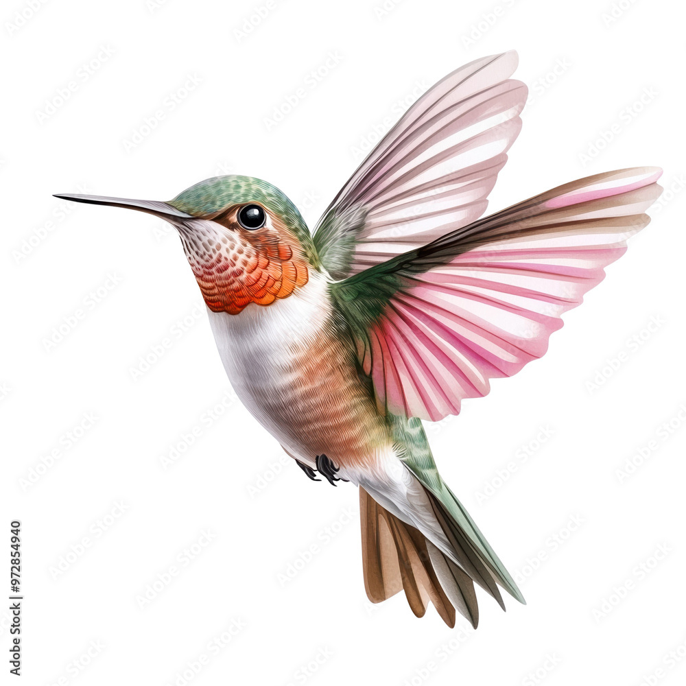 Fototapeta premium Vibrant hummingbird in mid-flight showcasing iridescent feathers and intricate wing patterns, perfect for nature enthusiasts.
