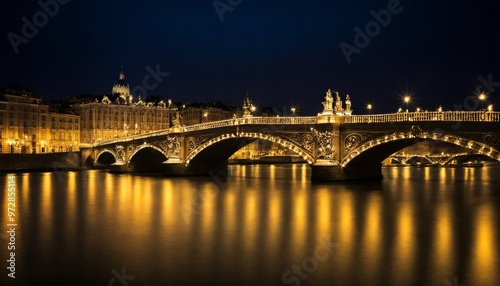 A stunning night view of a beautifully illuminated bridge spanning over a calm river, with city buildings lit up in the background. The warm lights reflect on the water, creating a captivating and photo