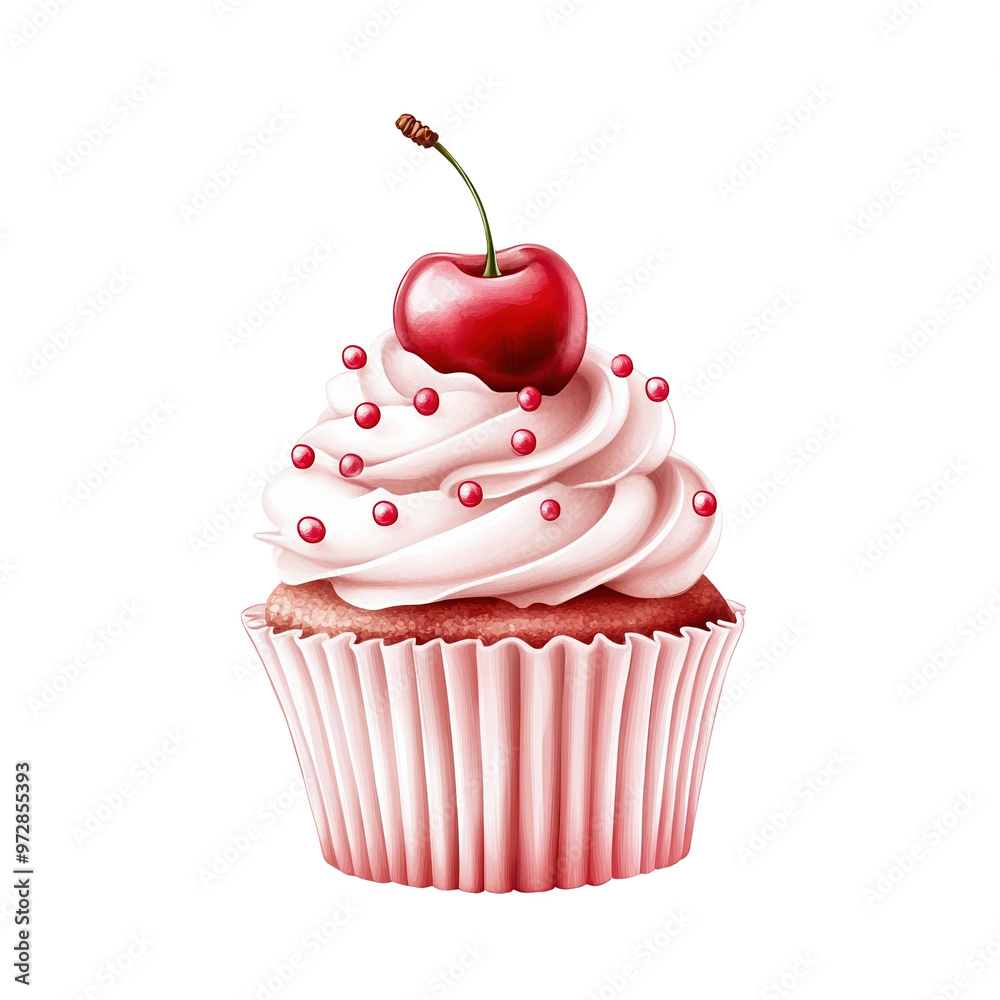 Delicious cupcake topped with creamy frosting, colorful sprinkles, and a cherry, perfect for celebrations and desserts. Delicious cupcake topped with creamy frosting, colorful sprinkles, and a cherry, perfect for celebrations and desserts.