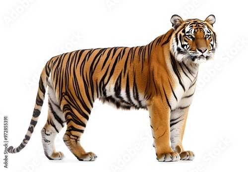 tiger isolated on a white background, Side view, tiger standing full HD image generated by Ai. photo