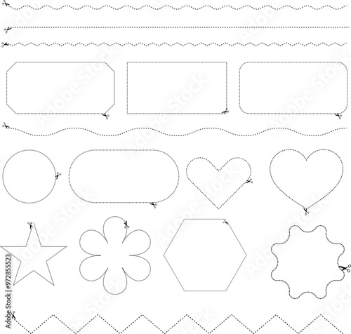 Dotted arrow lines and shapes, Heart, Star, Square, Circle, Flower, and other dashed shapes with Scissors icon.