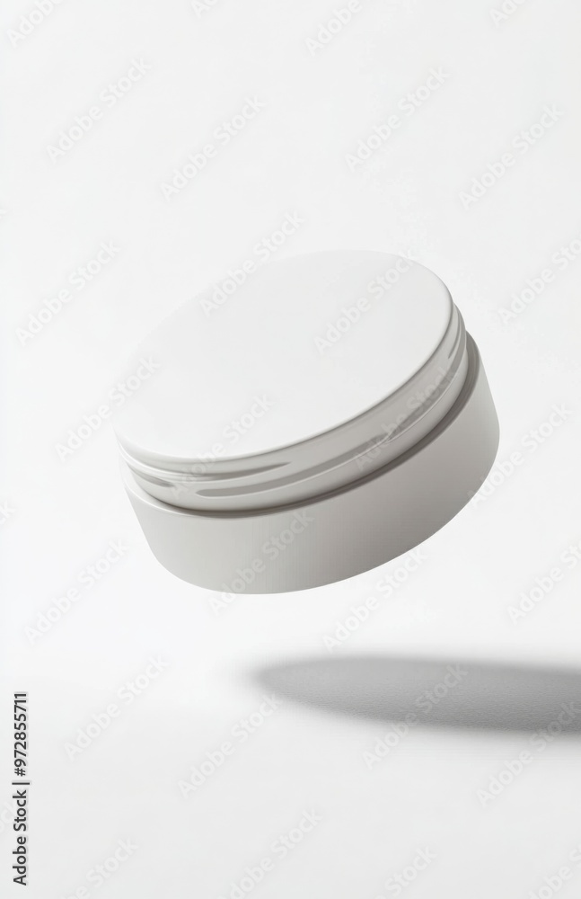 A plain, round cosmetic jar floating at an angle in mid-air, with smooth lighting and subtle reflections on its surface, isolated on white A plain, round cosmetic jar floating at an angle in mid-air, with smooth lighting and subtle reflections on its surface, isolated on white