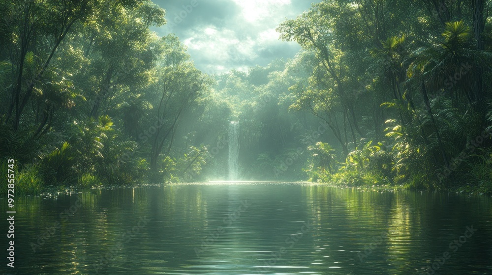 Serene jungle landscape with a waterfall and calm water reflections. Serene jungle landscape with a waterfall and calm water reflections.