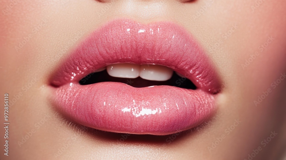 A close-up of pink lips with glossy lipstick, framed by soft blush on the cheeks, radiating femininity. A close-up of pink lips with glossy lipstick, framed by soft blush on the cheeks, radiating femininity.