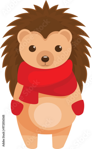 Cute cartoon hedgehog is wearing a red winter scarf and mittens
