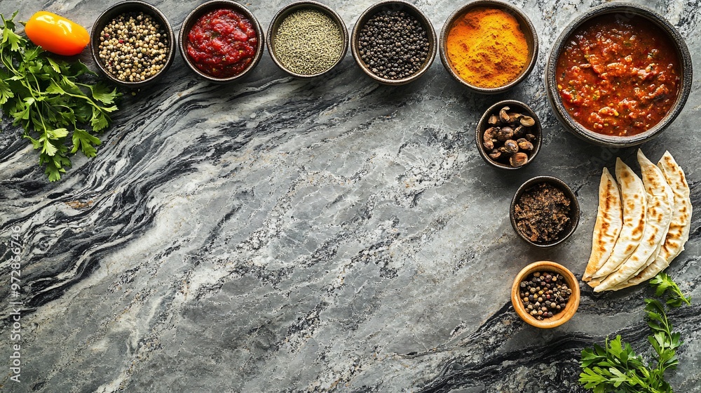 Various spices, sauces, and flatbreads arranged around the border of a gray marble background, with a yellow bell pepper, parsley, and copy space. Various spices, sauces, and flatbreads arranged around the border of a gray marble background, with a yellow bell pepper, parsley, and copy space.