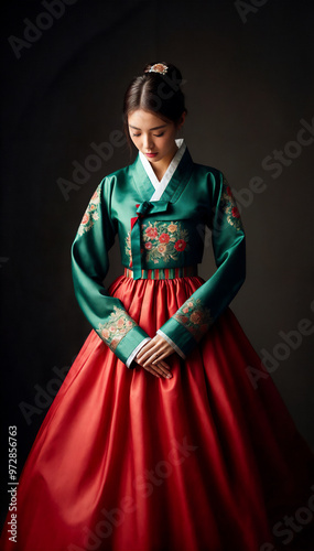 Beautiful young woman posing gracefully in traditional Korean hanbok decorated with delicate embroidery