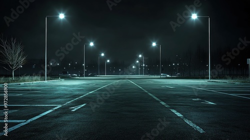 Empty parking lot at night with few streetlights, creating a quiet and deserted atmosphere, featuring low lighting and long shadows.