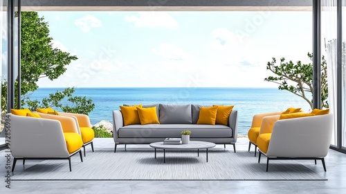Rendering of a modern room near the beach with a view of the sky and the sea