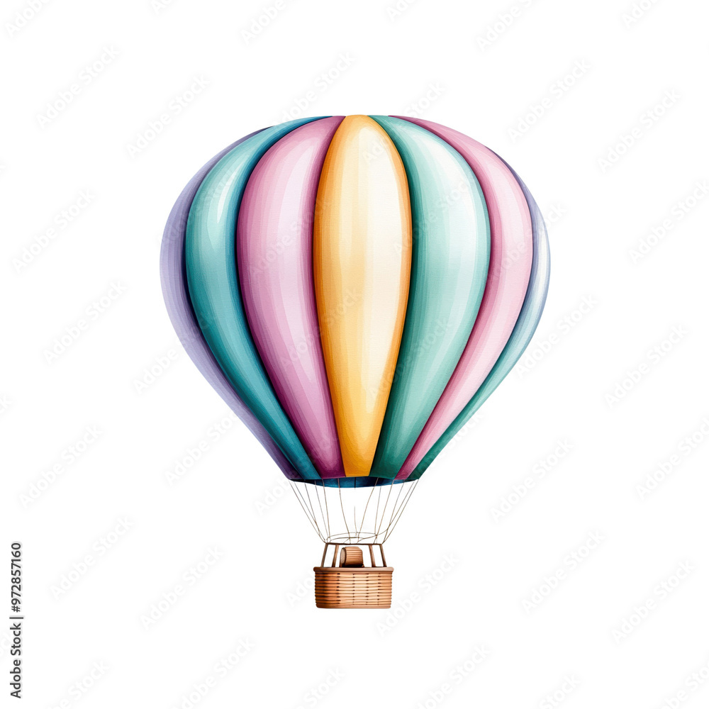 Fototapeta premium A colorful hot air balloon floats gracefully against a clear blue sky, symbolizing adventure and freedom in the great outdoors.