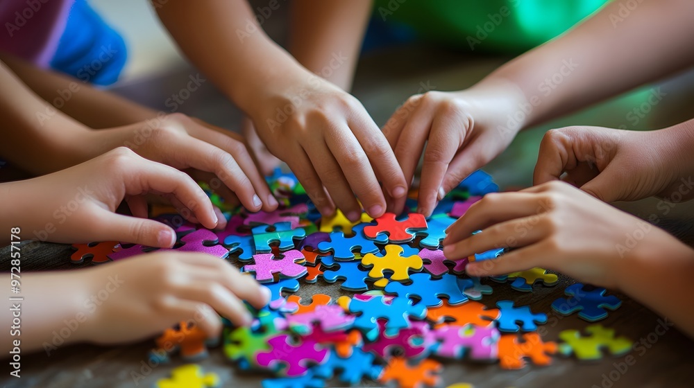 Children's Hands Working Together to Complete a Colorful Puzzle