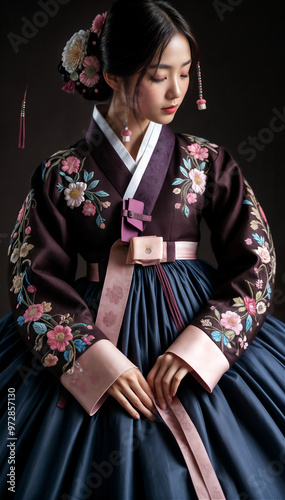 Beautiful young woman posing gracefully in traditional Korean hanbok decorated with delicate embroidery photo