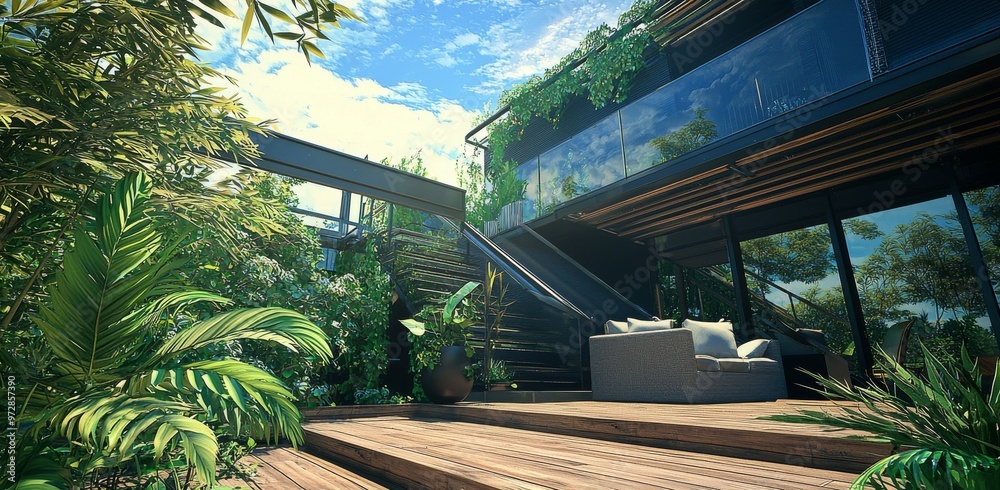 Fototapeta premium In the courtyard of a technological house, a 3D render shows a man climbing the stone stairs to the upper terrace, past a compact patio on a wooden deck.
